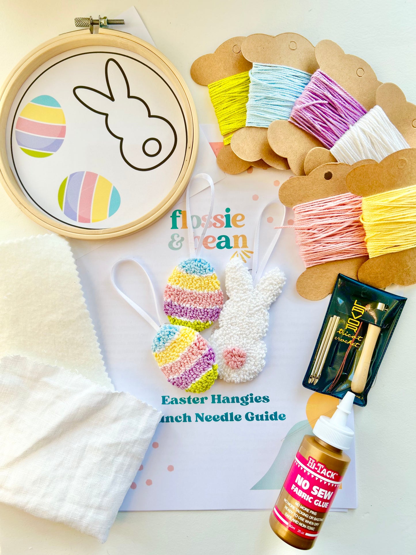 Punch Needle Craft Kit | Easter Bunny and 2 Egg Hanging Decorations | Contents Include Punch Needle, Bamboo Hoop, 100% Cotton Yarns, Fabric Glue and Fabrics. 